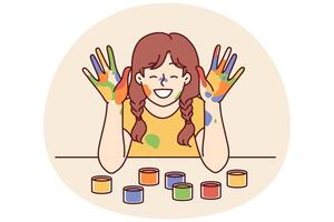 Positive girl with face and palms smeared with multi-colored paint smiles, wanting to become artist vector