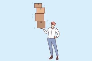 Successful man lifts several boxes with ease, demonstrating professional skills in fulfillment vector