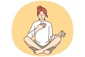 mujer medita con mano en corazón y deseos a sanar sí misma mediante yoga y espiritual práctica vector