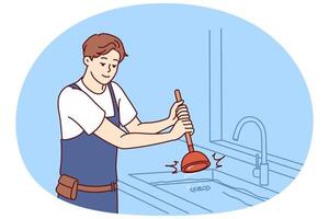 Man plumber is dressed in overalls uses plunger to clear blockage in sink in kitchen or bathroom vector