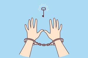 Man in handcuffs reaches for key, wanting freedom, metaphor for solution to problem found vector