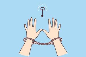 Man in handcuffs reaches for key, wanting freedom, metaphor for solution to problem found vector