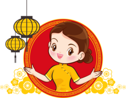 schön Chinesisch Frau im traditionell Kleid mit Schild die Geschenke png