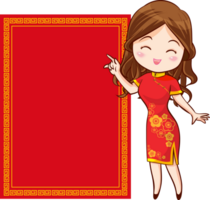 skön kinesisk kvinna i traditionell klänning med skylt presenterar png