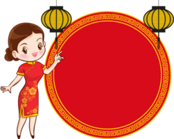 schön Chinesisch Frau im traditionell Kleid mit Schild die Geschenke png