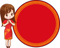 schön Chinesisch Frau im traditionell Kleid mit Schild die Geschenke png