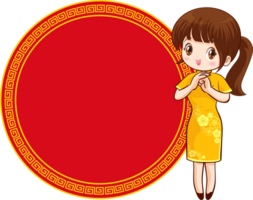 schön Chinesisch Frau im traditionell Kleid mit Schild die Geschenke png