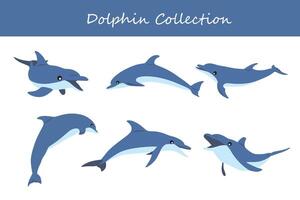 Dolphin vector illustration set. Different poses and expressions of dolphin.