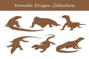 Komodo dragon vector illustration set. Cute Komodo dragon isolated on white background.
