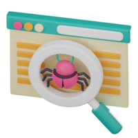 Cyber Sentry, 3D Icon Bug Magnifying Glass for Virus Detection and Data Security. 3D Render png