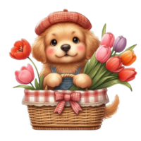 AI generated a cute puppy is sitting in a basket with flowers png