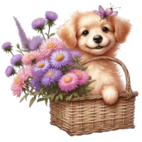 ai gerado uma fofa cachorro é sentado dentro uma cesta com flores png