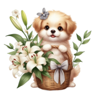 AI generated a cute puppy is sitting in a basket with flowers png