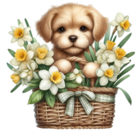 AI generated a cute puppy is sitting in a basket with flowers png