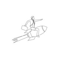 Continuous one line drawing of young businessman riding a rocket machine. Success business manager minimalist concept. Trendy single line draw design vector graphic illustration