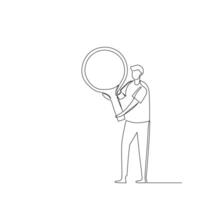 Businessman searching data using huge magnifying glass. Business data search and analysis for a solution illustration and concept. Continuous line drawing design vector