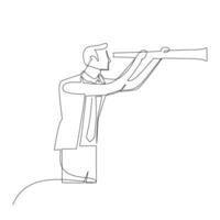 Continuous one line drawing young man looking in distance with binoculars. Enjoy beauty of nature as far as the eye can see. Find something interesting. Single line design vector graphic illustration