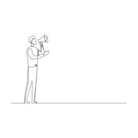 A young businessman standing and shout out using a megaphone. marketing business concept simple continuous one line drawing. vector