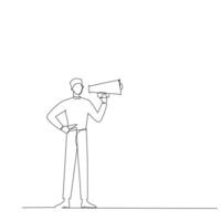 Single continuous line drawing of young eagerness businessman shouting loudly using megaphone to train his speak. Public speaking practice concept one line draw design vector graphic illustration