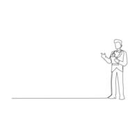 Continuous line drawing. Businessman in a suit standing and reading a book. Vector illustration