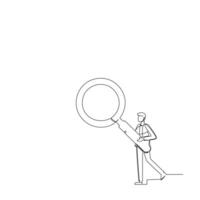 Continuous one line drawing businessman standing holding giant magnifier. He searches, analyzes, finds all the necessary data. Single line draw design vector illustration