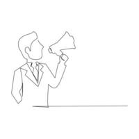 continuous line drawing of a businessman holding a megaphone. marketing business concept vector illustration