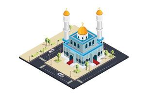 3d isométrica vector ilustración de congregacional oración a un mezquita en el medio de el ciudad cerca el principal la carretera. adecuado para diagramas, infografía, libro ilustración