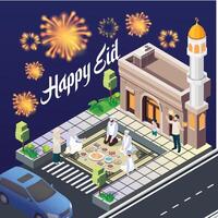 3d illustration ramadan kareem eating with family. in  sidewalk with food and drinks on the table lit by lanterns. Suitable for Diagrams, Infographics, Book Illustration vector