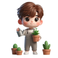 ai gegenereerd een tekenfilm jongen Holding een fabriek pot met planten png