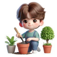 ai généré dessin animé garçon avec une pelle et une plante dans une pot png