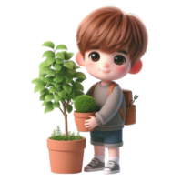 ai generado un dibujos animados chico participación un planta maceta con plantas png