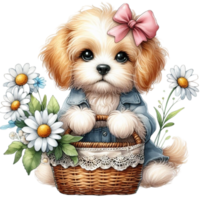 AI generated a cute puppy is sitting in a basket with flowers png