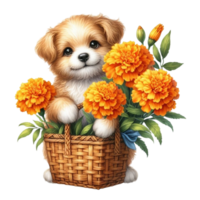 ai gerado uma fofa cachorro é sentado dentro uma cesta com flores png