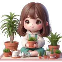 AI generated cartoon child cute with plants and flowers png