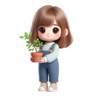 ai généré dessin animé fille en portant plante png
