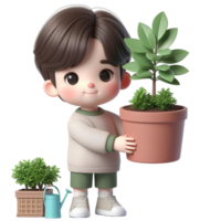 ai gegenereerd tekenfilm kind schattig met planten en bloemen png