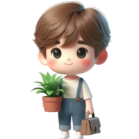 AI generated a cartoon boy holding a plant pot with plants png