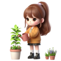 ai généré dessin animé fille en portant plante png