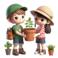 ai gegenereerd tekenfilm kind schattig met planten en bloemen png