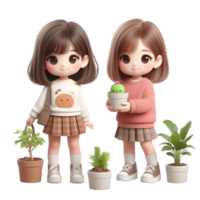 AI generated cartoon girls holding plants in potted pots png