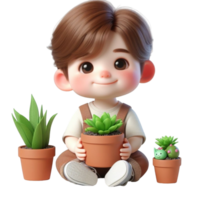 ai gegenereerd tekenfilm kind schattig met planten en bloemen png