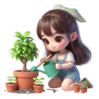 AI generated a cute girl watering plants in a potted plant png