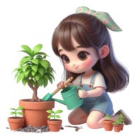 ai generado un linda niña riego plantas en un en conserva planta png