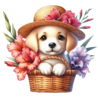 AI generated a cute puppy is sitting in a basket with flowers png