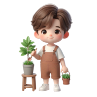 AI generated a cartoon boy holding a plant pot with plants png