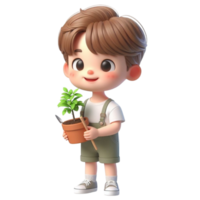 ai généré une dessin animé garçon en portant une plante pot avec les plantes png