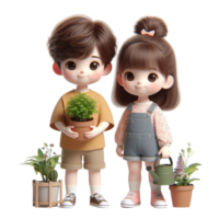 ai généré dessin animé enfant mignonne avec les plantes et fleurs png