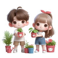 ai généré dessin animé enfant mignonne avec les plantes et fleurs png