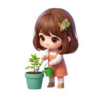 AI generated cartoon girls holding plants in potted pots png