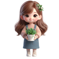 AI generated cartoon girls holding plants in potted pots png